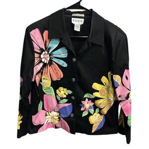 E.L.C.C Womens Stretch Floral Embellished Jacket Black Multicolor Sz Medium